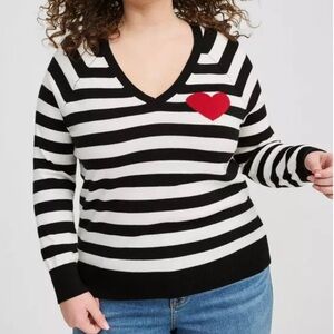 Torrid Cotton Cashmere Sweater Amore Stripe Cloud Dancer Black White Sz 1X Heart